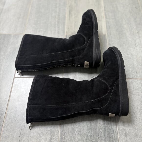 UGG Knightsbridge Tall Suede Shearling Lined Back Zip Boots Black Size 8 - Picture 5 of 13
